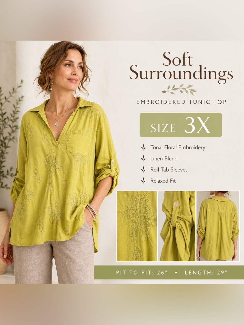 Soft Surroundings Embroidered Linen Blend Tunic Top 3X Lime Green Boho